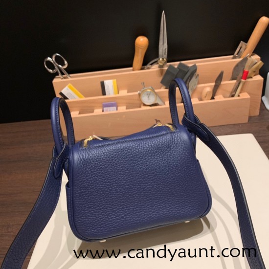 Hermes Mini Lindy Clemence 73 /Blue Saphir Gold Hardware 103