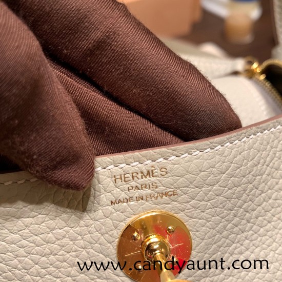 Hermes Mini Lindy Clemence 80 / Pearl Grey Gold Hardware 108