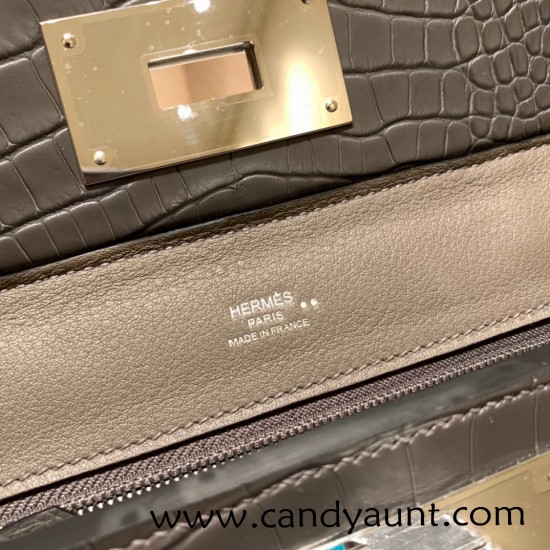 Hermes kelly 2424 Matte Crocodile 8F / Etain Silver Hardware Full Handmade