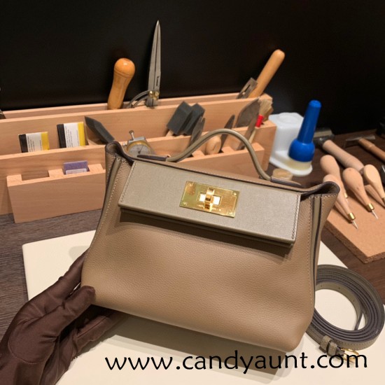 Hermes Mini kelly 2424 21cm D0 /Beige de Weimar& 18 /Étoupe Grey  Gold Hardware  Full Handmade 