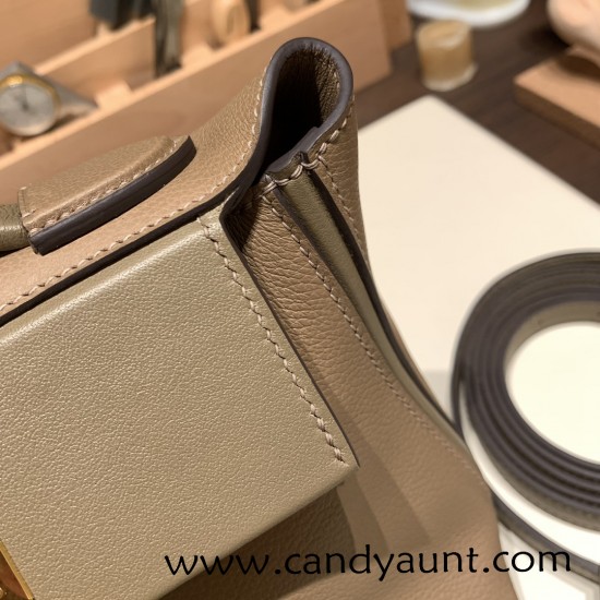 Hermes Mini 21cm kelly 2424 D0 /Beige de Weimar & 18 /Étoupe Grey Gold Hardware 21cm Full Handmade