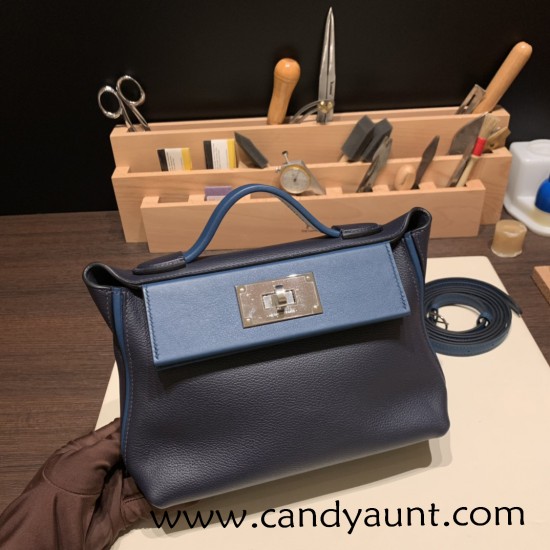 Hermes Mini 21cm kelly 2424 2Z/ Blue nuit & 78 /Blue Marine Silver Hardware Full Handmade