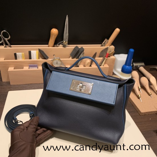 Hermes Mini 21cm kelly 2424 2Z/ Blue nuit & 78 /Blue Marine Silver Hardware Full Handmade