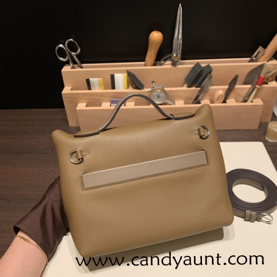 Hermes 21cm Mini kelly 2424 evercolor D0 /Beige de Weimar& 18 /Étoupe Grey Silver Hardware Full Handmade