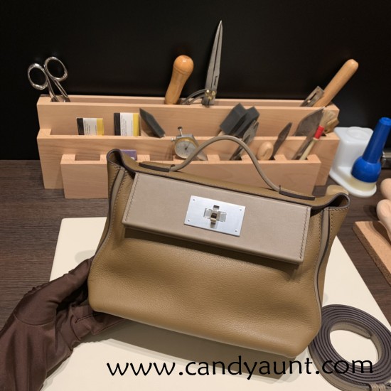 Hermes 21cm Mini kelly 2424 evercolor D0 /Beige de Weimar& 18 /Étoupe Grey Silver Hardware Full Handmade