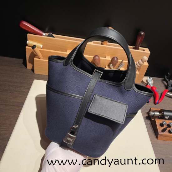 Hermes Picotin  Swift & canvas cargo 18cm 73 /Blue Saphir & 89/Black Silver Hardware