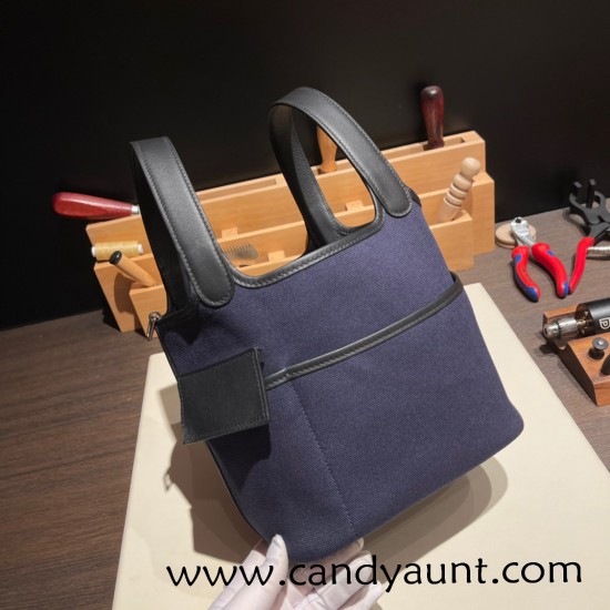 Hermes Picotin  Swift & canvas cargo 18cm 73 /Blue Saphir & 89/Black Silver Hardware