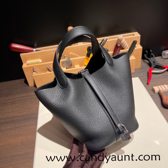 Hermes Picotin cargo Clemence 18cm 89 /Black (Noir) Silver Hardware