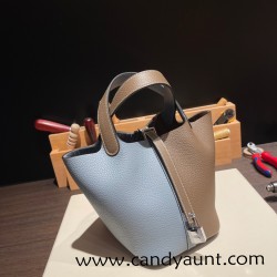 Hermes Picotin Clemence 18cm J7 /Blue Lin& 18/Étoupe Grey Silver Hardware