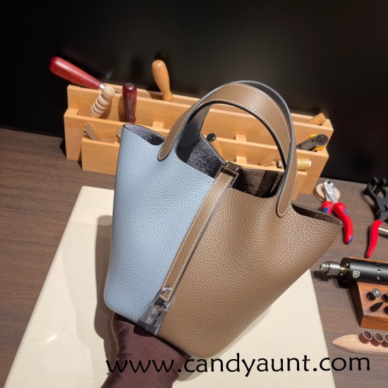 Hermes Picotin Clemence 18cm J7 /Blue Lin& 18/Étoupe Grey Silver Hardware