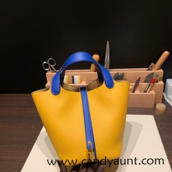 Hermes Picotin Clemence 18cm 9D Jaune Ambre & 7T /Blue Electric Silver Hardware