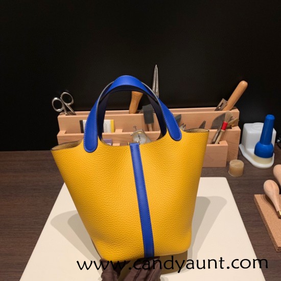 Hermes Picotin Clemence 18cm 9D Jaune Ambre & 7T /Blue Electric Silver Hardware