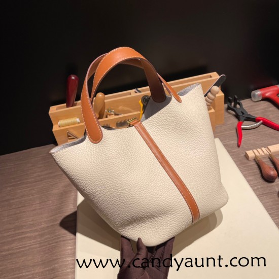 HERMES Picotin Lock 22/MM CLEMENCE 10 /Craie & 37/Gold Gold Hardware