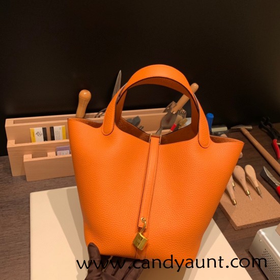 HERMES Picotin Lock 22/MM CLEMENCE Orange Gold Hardware